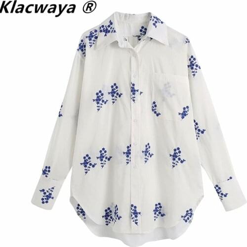 Klacwaya Women 2021 Vintage Pocket Patch Floral Embroidery Casual Smock Blouse Office Lady Breasted Shirts Chic Blusas Tops