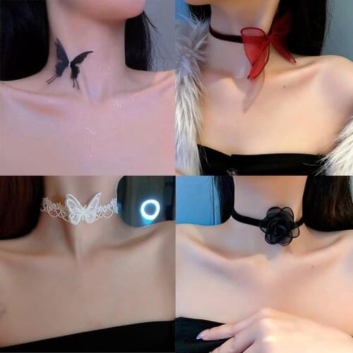 HuaTang Charmings Butterfly Choker Necklaces for Women Girls Lolita Style Lace Short Necklace Trendy Jewelry Weddings Collar