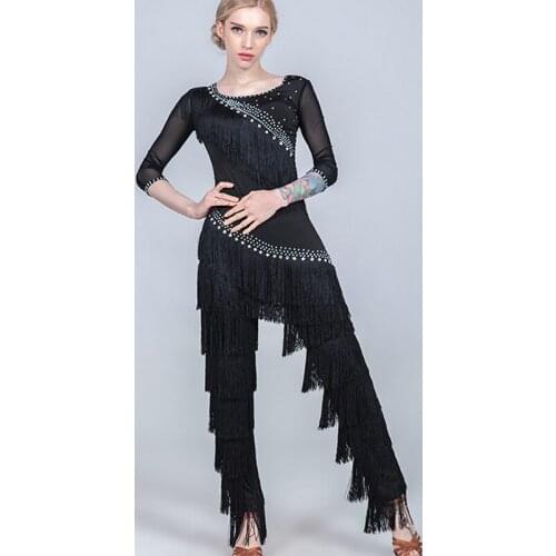 New Latin Dance Costume For Women Full Fringe Suit Rhinestone Clothes Standard Ballroom Dance Rave Black Latin Dance wear BL1725