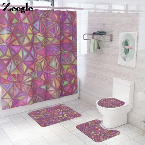 Geometric Rhombus Printed Bath Mat Shower Curtain Set Creative Bathroom Floor Mat Shower Room Bath Carpet Absorbent Toilet Rugs