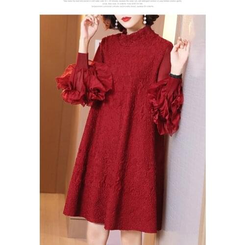 HOT SELLING Miyake fold long sleeve fashion Lantern sleeve stand collar Heavy industry embroidery dress IN STOCK