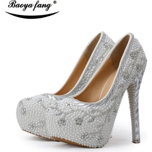 Fashion white pearl Women Wedding shoes Bride beads heel ladies party dress shoes high heels platform shoes Plus size