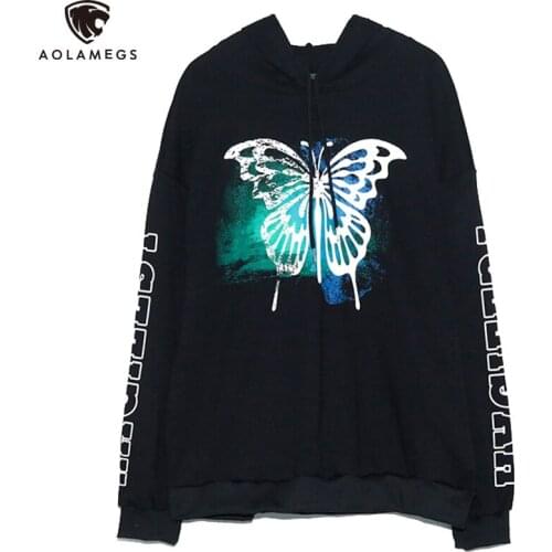 Aolamegs 2021 Men Hip Hop Sweatshirt Hoodie Butterfly Print Streetwear Harajuku Pullover Hoodie Autumn Mens Hooded Sweatshirt