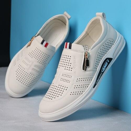 ZSAUAN Flat / 5cm Elevator Casual Men Shoes Summer Hollow Version Leather Loafers White Breathable Flats Daily Men Sneakers 2021