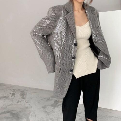 New Fashion 2021 Korean Blazer Spring Sequins Lapel Long Sleeve Pocket Loose Coat Single Breasted Suit Women Office Lady XZ35