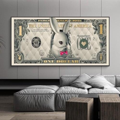 Cute Rabbit One Ddollar Poster Prints Abstract White and Golden Dollar Canvas Painting Modern Wall Art Poster for Living Room