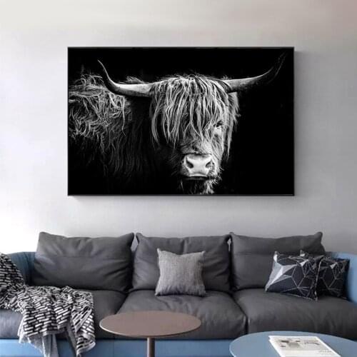 Nordic Animals Wall Art Black and White Cattle Canvas Prints Painting Decorative Poster for Living Room No Frame