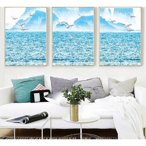 Nordic Poster Minimalist Blue Sea Seagull Landscape Painting Fresh Canvas Seascape Art Wall Pictures For Living Room Home Decor