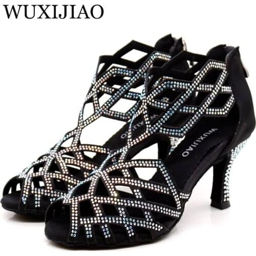 WUXIJIAO Black Rhinestones ladies shoes Jazz sneakers high heel dance shoes with rhinestones Latin dance shoes