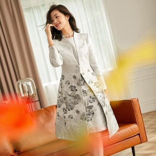 Tailor shop custom made pink big flower jacquard weaving temperament brocade long coat mother of the bride outfit for weddings