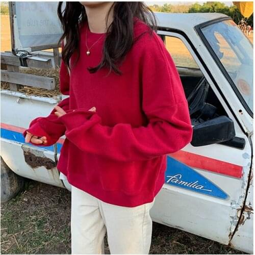 Womens Sweatshirts Round Neck Tops Korean Ins Basic Fleece Loose Solid Color Ulzzang Ladies Kawaii Cute Hoodies For Female