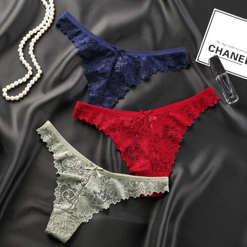 Pure cotton crotch ladies briefs ladies thongs sexy lace low waist T pants hollow transparent temptation