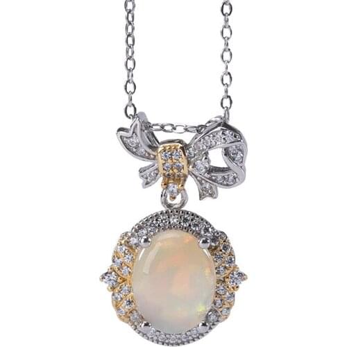 S925 sterling silver gold-plated natural opal stone pendant personality fashion bowknot womens necklace pendant