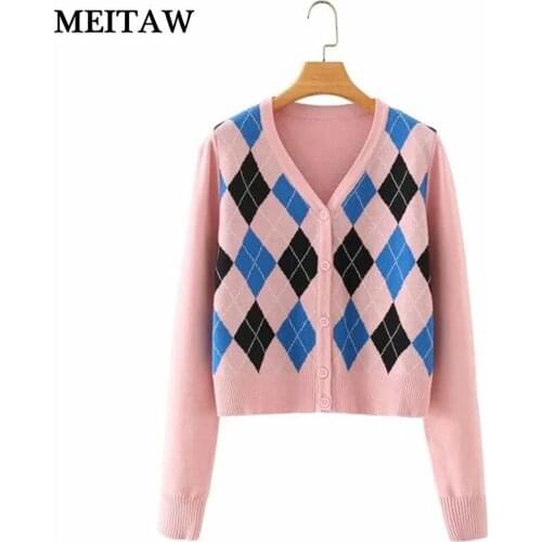 Vintage Geometric Print English Style Cardigan Women Autumn Knitted Sweater 2020 Casual V-Neck Long Sleeve Outerwear Tops