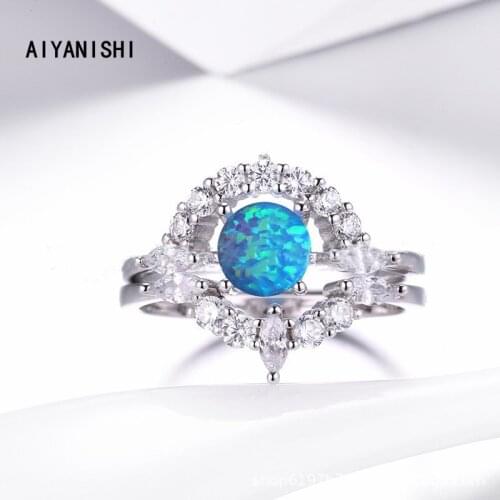 AIYANISHI 925 Sterling Finger Ring Classic Wedding Hallow Round Blue Opal Rings Silver Jewelry For Women Wedding Christmas Gifts