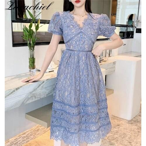 2021 Summer Runway Classic Eyelash Lace Dress Women Puff Short Sleeve V-Neck V Back Hollow Out High Waist Slim Midi Dress
