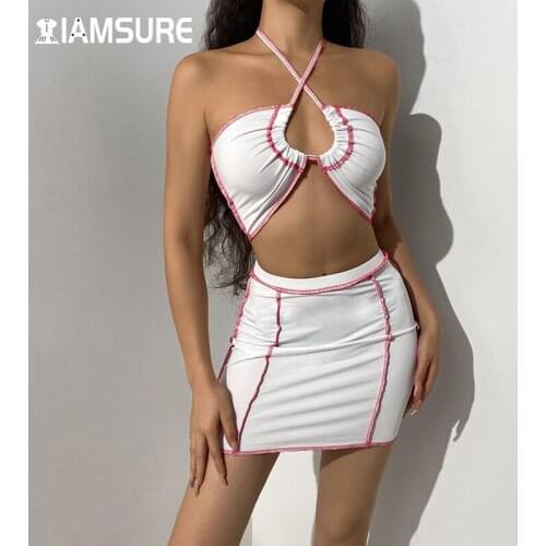 IAMSURE Patchwork Hollow Out Dress Set Women Sexy Slim Clubwear 2 Pieces Set Halter Crop Top High Waisted Mini Skirt Streetwear