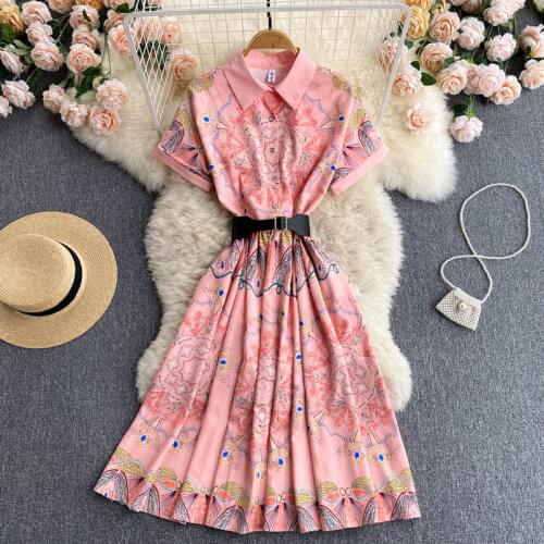 Europe Style 2021 Summer Elegant Women Short Sleeve Vintage Print A Line Dress With Belt Female Party Dresses Vestido