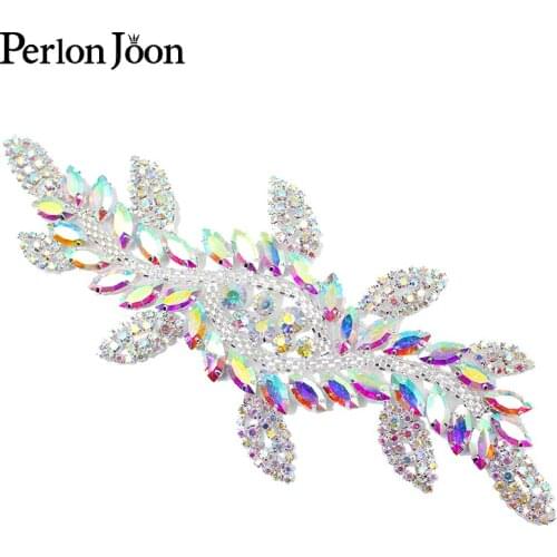 1pcs AB color crystal leaf long patch AB rhinestone glass welding flower silver decal for wedding boots decorative accessories