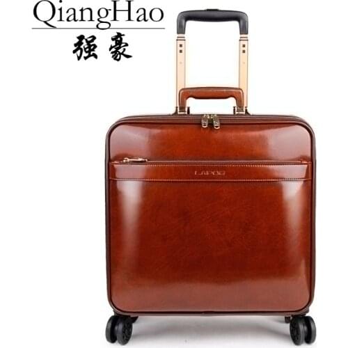 100%Genuine leather Men Retro Rolling Luggage Caster 20 inch Cabin Travel Bag Wheel Suitcases Business Trolley Case Flight Box