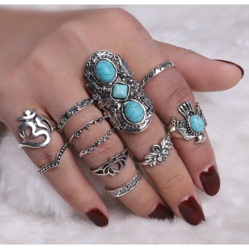 11pcs/Set Vintage Tibetan Silver Color Lotus Flower Eagle Finger Ring Boho Blue Stones Midi Knuckle Ring Sets for Women Bijoux