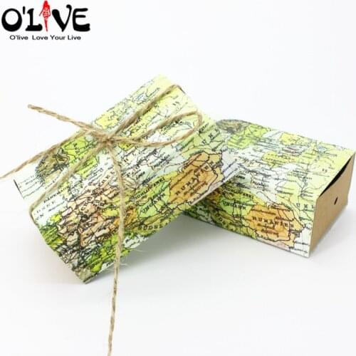 50 Pcs World Map Wedding Candy Box Gift Drawer Bonbonniere Party Favors Cardboard Boxes Kraft Paper Packaging Chocolate Bag
