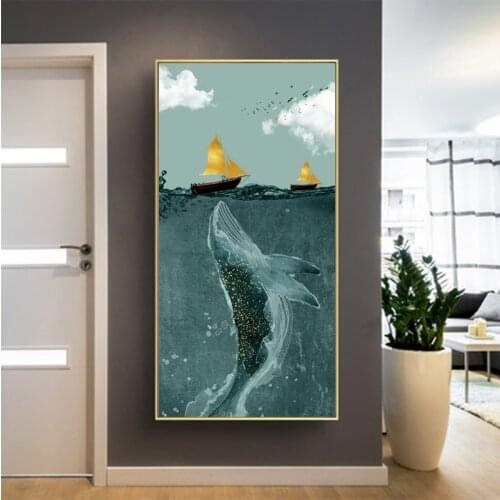 Nordic Abstract Whale Sailboat Canvas Painting Landscape Posters and Prints Wall Art Picture for Living Room Home Decor Cuadros