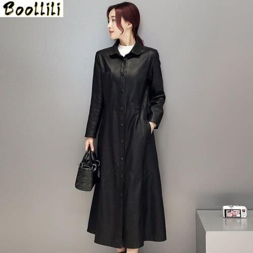 Boollili 2020 Women Faux Leather Jacket Fur Collar Slim Elegant Ladies Coats Womens Windbreaker Long Trench Coat Abrigos
