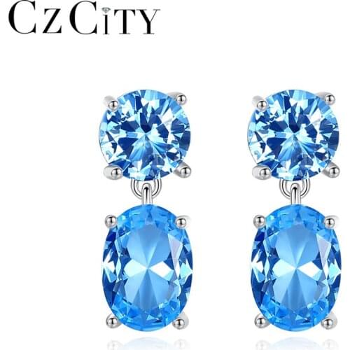 CZCITY Luxury Blue Topaz Drop Earrings for Women Wedding Engagement Fine Jewelry Silver Brincos Joyeria Fina Para Mujer SE0432