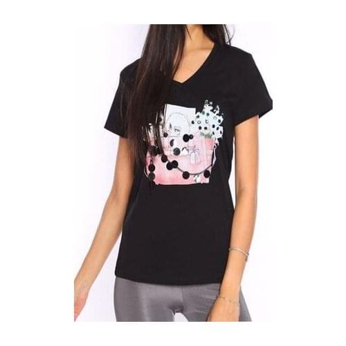 Kadın siyah renk zincir pul payet baskı desen V yaka pamuk tshirt 2020 güzel tshirt siyah beyaz sevimli kısa kol tshirt