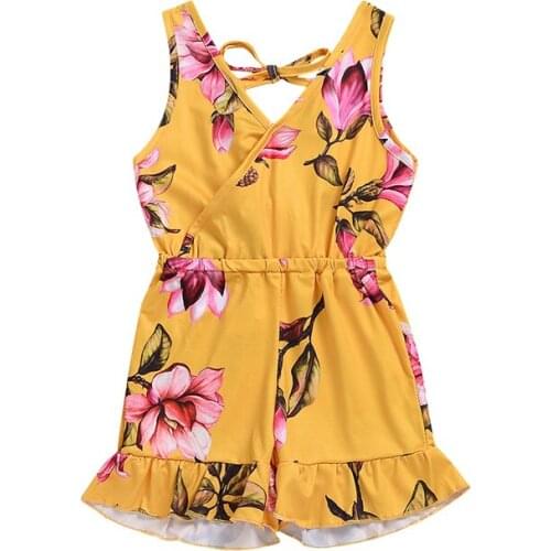 Kids Baby Girls Boho Summer Floral Romper Children Girl Beach Clothes Sleeveless Flowers V-Neck Flared Pants Playsuits