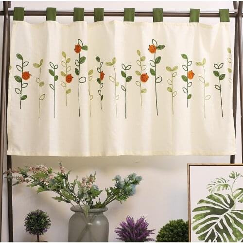 Short Curtain Ladybug Leaves Embroidery Half-Curtain Linen Coffee Small Dustproof Curtain for Kitchen Cabinet Door Tab Top style