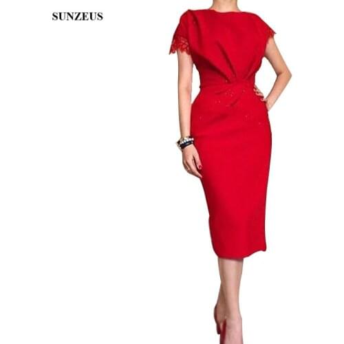 Red Mother Of Bride Evening Dress Sheath Cap Sleeves Tea Length Formal Party Gowns Elegant Women vestidos de madrina