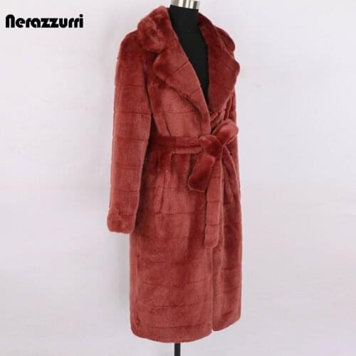 Nerazzurri Winter Striped Warm Thick Fluffy Faux Fur Coat Long Sleeve Lapel Belt Luxury Designer Clothing Women 2021 Fashion