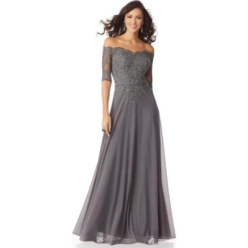 Latest Graceful Gray Lace Off Shoulder Half Sleeve Mother of the Bride Dresses Appliqued Wedding Guest Gowns Full Length