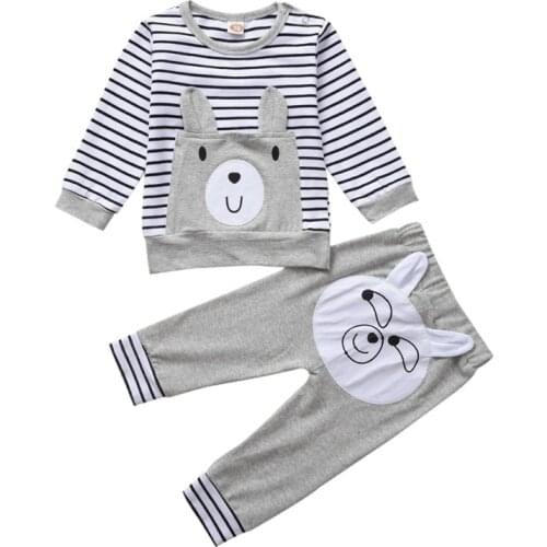 2021 New Autumn Cute Cartoon Bear Baby Boys Girls Long Sleeve Clothes Set Soft Cotton Casual Striped Top Grey Pants Outfit 9-24M