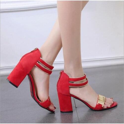 New high-heeled womens Black Red sandals Fashion summer wild high-heeled shoes with a word buckle small Sudes Roman sandals