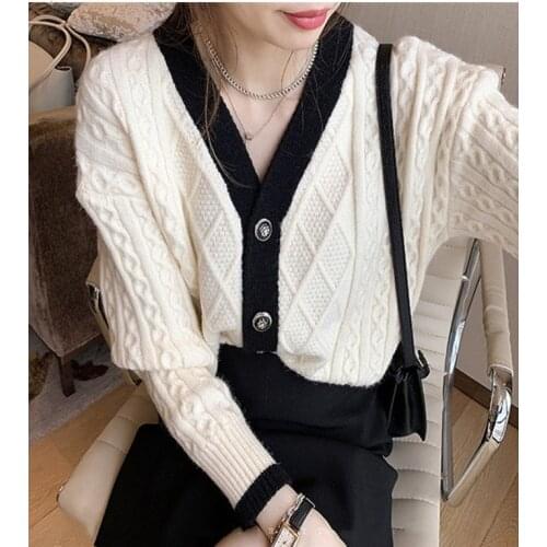 Obrix Female Shortened Length Cardigan V-Neck Full Sleeve Single Breasted Knitted Outfit For Women
