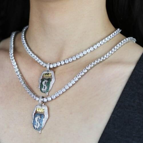Iced out Women Men boy hip hop lip pendant necklace with money tongue lip charm with 5mm cz tennis chain rope chain necklace