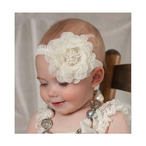 2016 New Baby Girl Lace Pearl Big Flower Headband Wide Band Hairband Head Wrap Elastic Hair Band Accessories Bandeau bebe