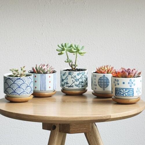Garden supplies garden flower pots planters+bamboo pot trays Japanese style ceramic floor desktop office home decorative pots