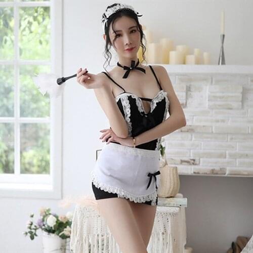 New Sexy Lingerie Cute And Playful Suspenders Low-Cut Hollow Bow Decoration Maid Perspective Mesh Uniform Temptation Cosplay