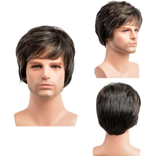 Men Short Straight Wig Ombre Grey Brown Synthetic Wig White for Male Hair Fleeciness Daily Party Wig