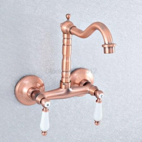 Kitchen Wet Bar Bathroom Vessel Sink Faucet Antique Red Copper Wall Mounted Swivel Spout Mixer Tap Dual Ceramic Lever tsf896