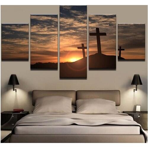 Modern Canvas Pictures Home Decor Wall Art Prints 5 Pieces Crosses At Sunset Paintings Mountain Cross Landscape Poster Framework
