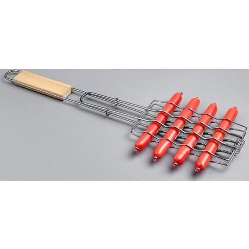 Barbecue fish clip large BBQ net racket accessories grill dish hot dog sausage mesh cooking basket wooden handle tool