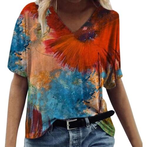 Summer Womens T-shirt Casual Fashion Color Graffiti Painting Print Women Ladies Loose Short Sleeve Top Clothes Drop Shipping