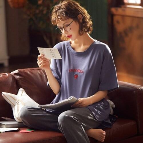 Female Summer Short-sleeved Cotton Fresh Long Pants Summer Pyjamas Household Set