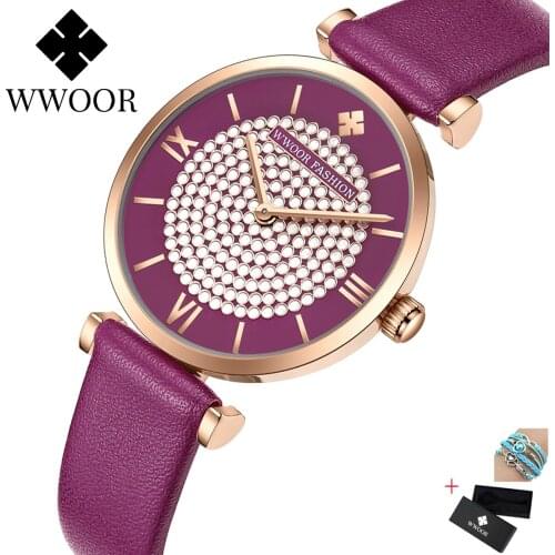 2020 WWOOR Womens watch Luxury Rhinestone purple women watch leather Quartz Fashion Dress small watch women waterproof clock