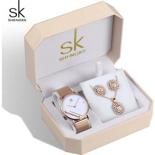 Shengke Womens Quartz Watch Set Women Rose Gold Earrings Necklace SK Ladies Watches Jewelry Set Luxury Gift Relogio Feminino